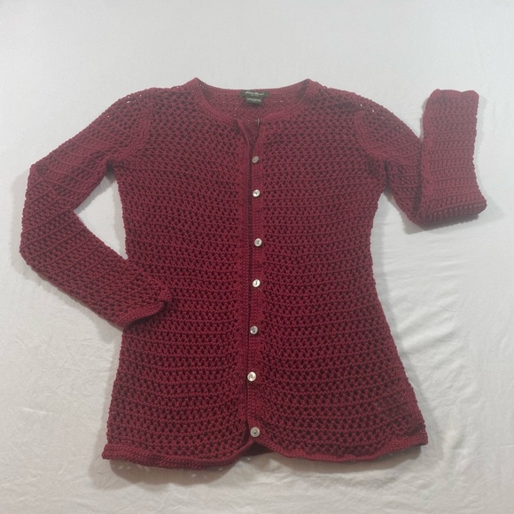 Eddie Bauer Sweaters - Eddie Bauer Button Down Cardigan women Small  mesh long sleeve burgundy red top